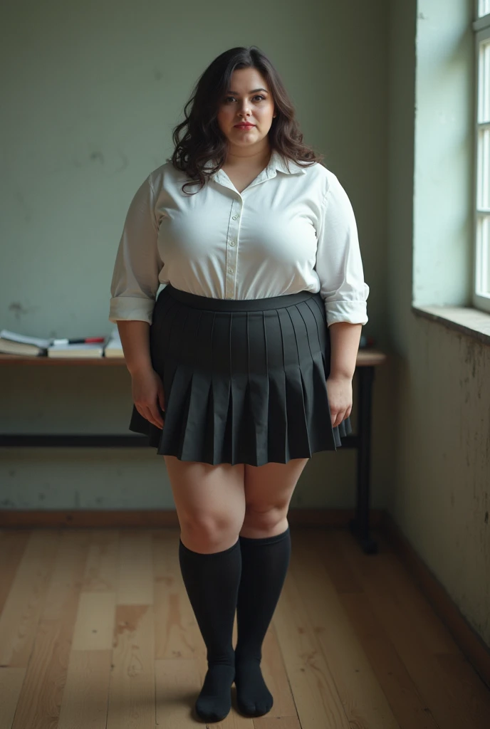 a 10 year old obese girl, chubby cheeks, round face, double chin, thick arms and legs, wearing a , standing in a school setting, realistic, detailed, highly detailed, intricate details, photorealistic, 8k, masterpiece, cinematic lighting, dramatic shadows, vibrant colors