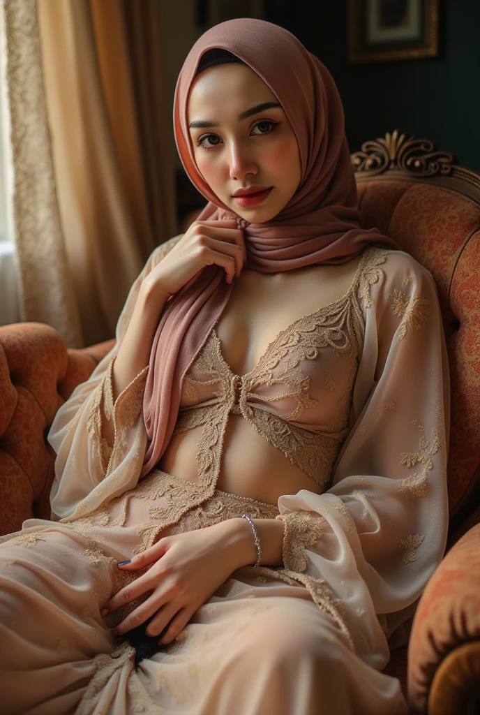 nsfw, (((topless))),,Dilraba Dilmurat, hijab, jilbab, muslim face mask, mouth veil, freckles, eyes mascara, masterpiece, best quality, photorealistic, glowing sparkly skin, soft lighting, voluptuous, lying in bed, sharp focus, colorful liquid gel rain, close up, fashion designer, resplendent tiny pearls necklace, baroque