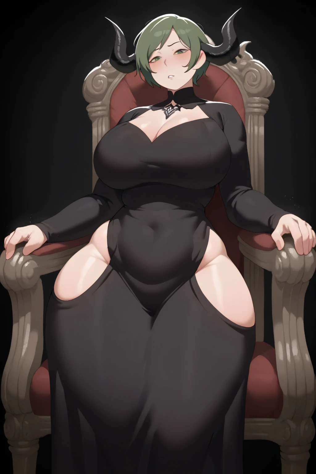 (highres, high quality:1.3), intricate details, vibrant image, sharpness, colorful,
luluffx, mature female, 1girl, solo, standing, , front view, , indoors, palace,
  black hair, single hair bun, (hair over one eye, one eye covered:1.1), lipstick, makeup, detailed hair, purple necklace,
off-shoulder dress, black dress, strapless, fur trim, black gloveultiple belts:1.1), (black thighhighs:1.1), garter straps, (high heel boots:1.1),
curvy, thighs, gigantic breasts, covered ass,

