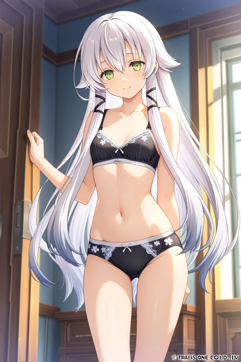 Detailed,Masterpiece,Ultra-detailed,Silver hair,Bare legs, 鎖骨、Need、1girll,swim wears、A white bikini、ssmile、standing on your feet