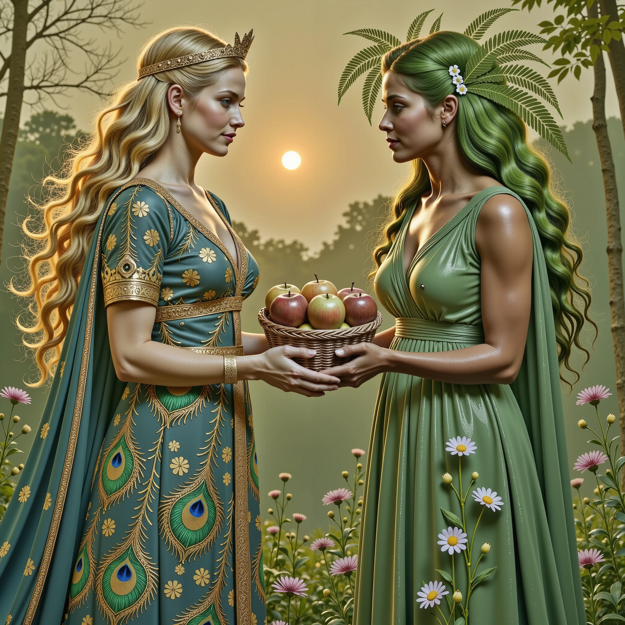 In a celestial garden bathed in soft golden light, Hera, Queen of the Gods, and Gaia, Titan of Earth, stand face to face with regal elegance and equal stature. Hera wears a flowing royal gown adorned with peacock feathers and gold embroidery, exuding divine authority. Gaia is dressed in a flowing robe, her verdant hair intertwined with blooming flowers. Between them, Gaia offers Hera a woven basket of golden apples, glowing with ethereal power. Their expressions are warm and solemn, personifying cosmic harmony.
Mist swirls gently at their feet. The interplay of light and shadow enhances the emotional depth and divine serenity. Style: cinematic realism with Renaissance elegance, rich detail, and harmonious composition.
