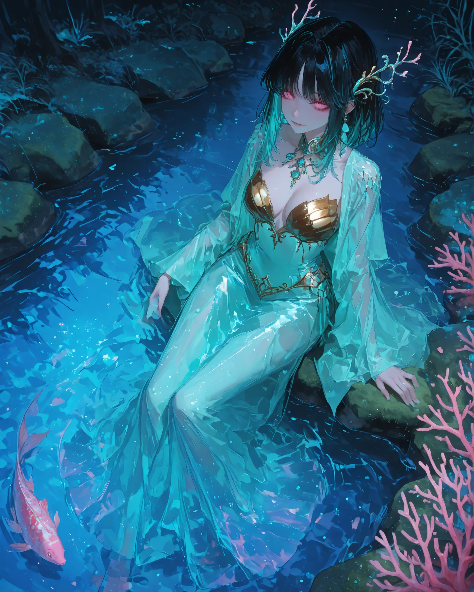 (masterpiece, very detailed, vivid colors, 4k), {1woman}:(A stunning indigenous Brazilian woman with long, wavy black hair and pale pink eyes sits on a moss-covered river rock, her lower half glistening with iridescent pink fish scales. Her expression is serene yet haunting, with a soft smile. She wears golden shell-shaped jewelry and translucent aquatic fabrics that flow like water. Around her, luminescent pink fish swim gently in a calm Amazonian river under the moonlight.) The scene is shrouded in mist and shimmering water particles. A faint, ghostly reflection of her watches from the river, suggesting her dual nature. Her voice seems to echo through the water, hushed yet mesmerizing. Dominant color palette: (pearl pink, soft coral hues, misty lilac, aqua gold highlights, and a deep blue background.)