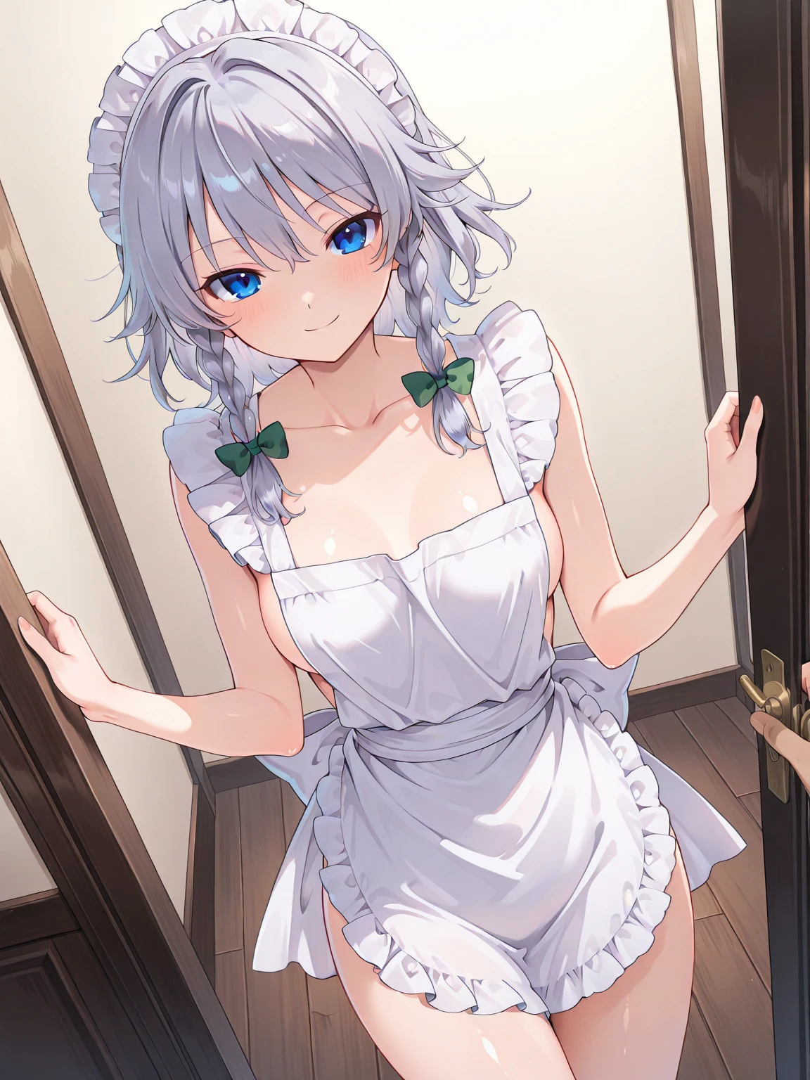 noelle_\(genshin_impact\), hiten kei style, detailed background, masterpiece, hyper realistic, realistic skin, best quality, 1girl, town, village, monstadt, world tree, medium breasts, huge nipples, erect nipples, looking at another, topless, full body, vector illustration, nipples, light smile, blunt bangs, short hair, stomach, navel, bare shoulders, white hair, laundry, clothesling, black skirt, white waist apron, wet, soaked, raining, blue sky, rinsing clothes, doing laundry, stretching, open mouth, falling leaves, resting, maid, wet body, windy, large windmill