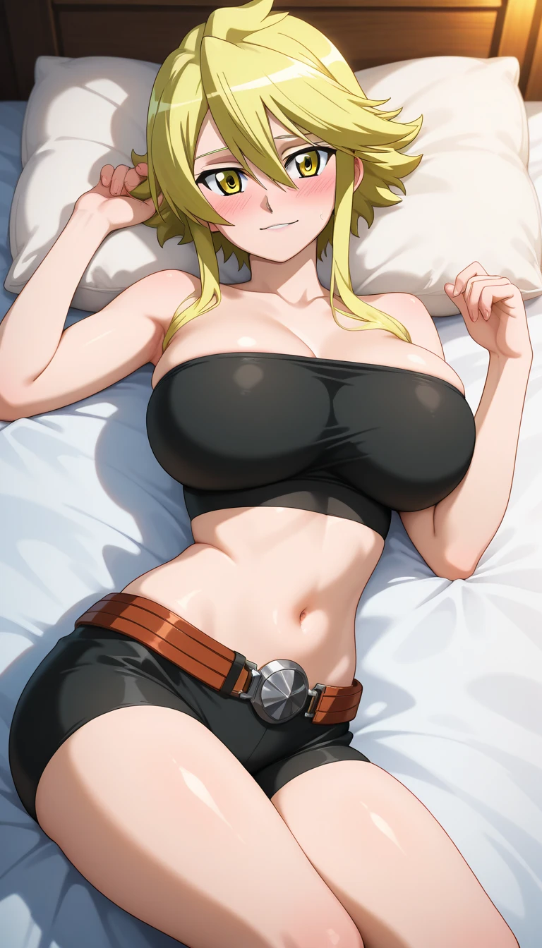 (lying on bed), (Upside-down : 1.3), gold bikini, sarielx, (luxury bedroom background), anime cels style, best quality, high resolution, 1girl, (huge breasts:1.2), beautiful face, cowboy shot, heterochromia, braided ponytail, braided bangs, smiling, looking at viewer
