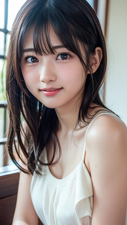 ((NSFW)), beautiful girl, ((brown eyes)), (18 year old teenage girl), light brown hair color, ((big tits)), lips, realistic, (slim face), ((skinny)), charming, pink lipstick, colorful makeup, long eyelashes, wearing eyeliner, fair skin, (cute), (detailed face), detailed eyes, detailed iris, complete naked,