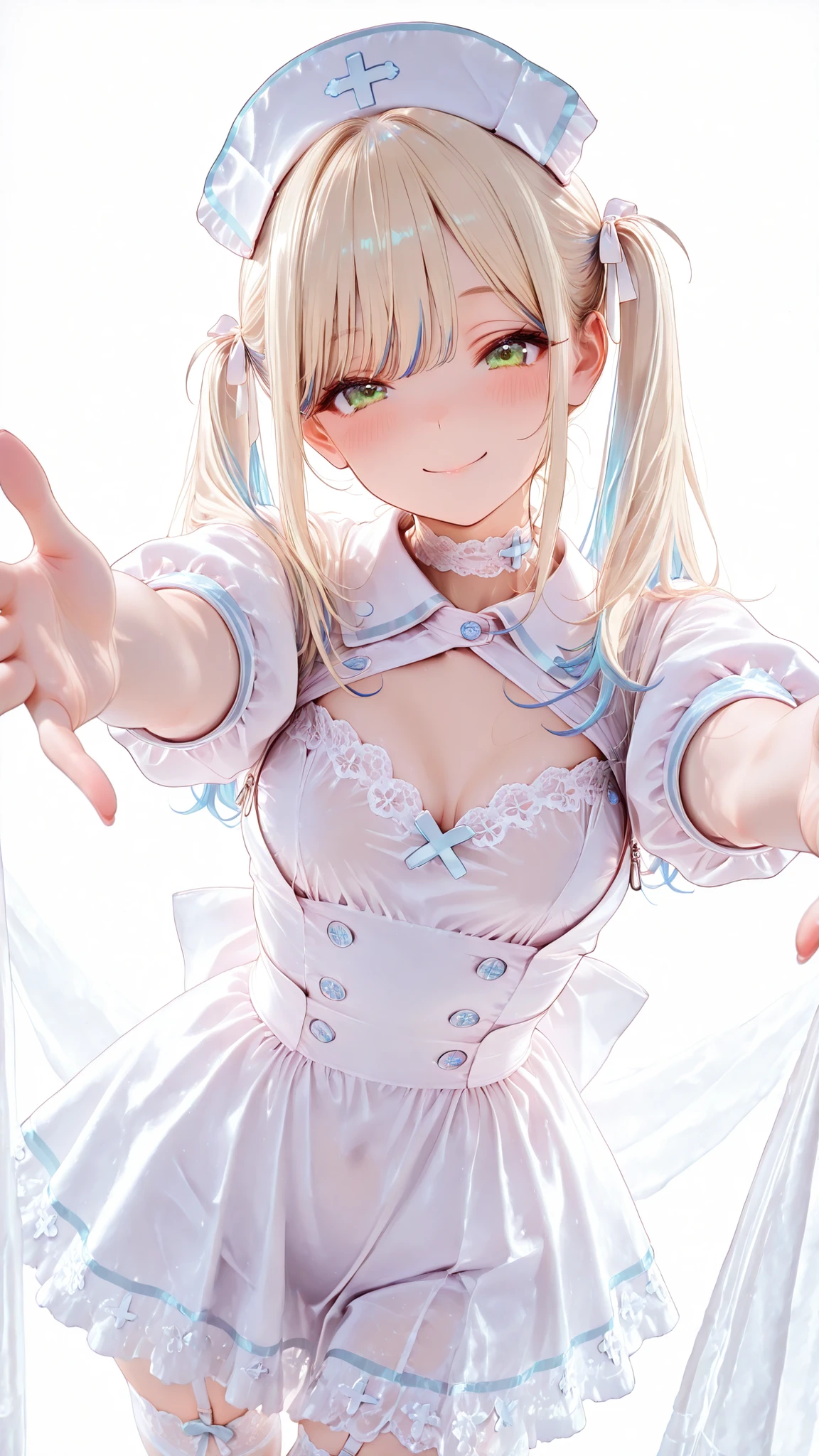 small breasts,(white background:1.3)green eyes,double_buns,Light blonde with blue highlights at the ends,high twintails hair, frilly white nurse uniform with a revealing neckline, soft cleavage window, cute and feminine design,stretched fabric over chest, tight-fitting around the bust, delicate white lace choker, nurse cap with lace and ribbon details, pure white thigh-high stockings, pastel-colored accessories, soft frills and ruffles, gentle puff sleeves, semi-transparent fabric details, cute buttons and embroidery, elegant and clean medical aesthetic,dynamic angle, (smile,Reaching forward with both arms, hands open, asking for a hug.)