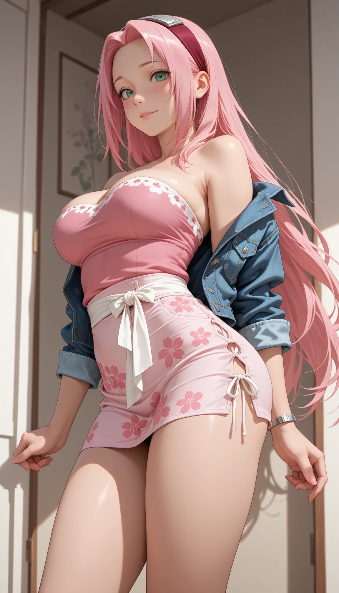 1Yae miko, large breasts,, pink hair, cleavage, navel, t-shirt, ((bra)),clothes lift, skirt, lying, full Body,,sitting