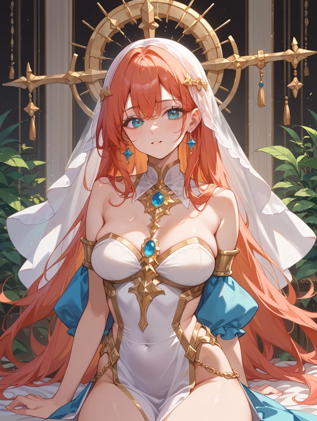 ((Highest quality)), ((masterpiece)), (detailed), （Perfect Face）、The woman is Maya Cordelia, with semi-long orange hair, wearing a completely transparent outfit adorned with luxurious golden embroidery and edging, a transparent cape, and luxurious accessories.、The woman is not wearing a bra、The woman is not wearing underwear