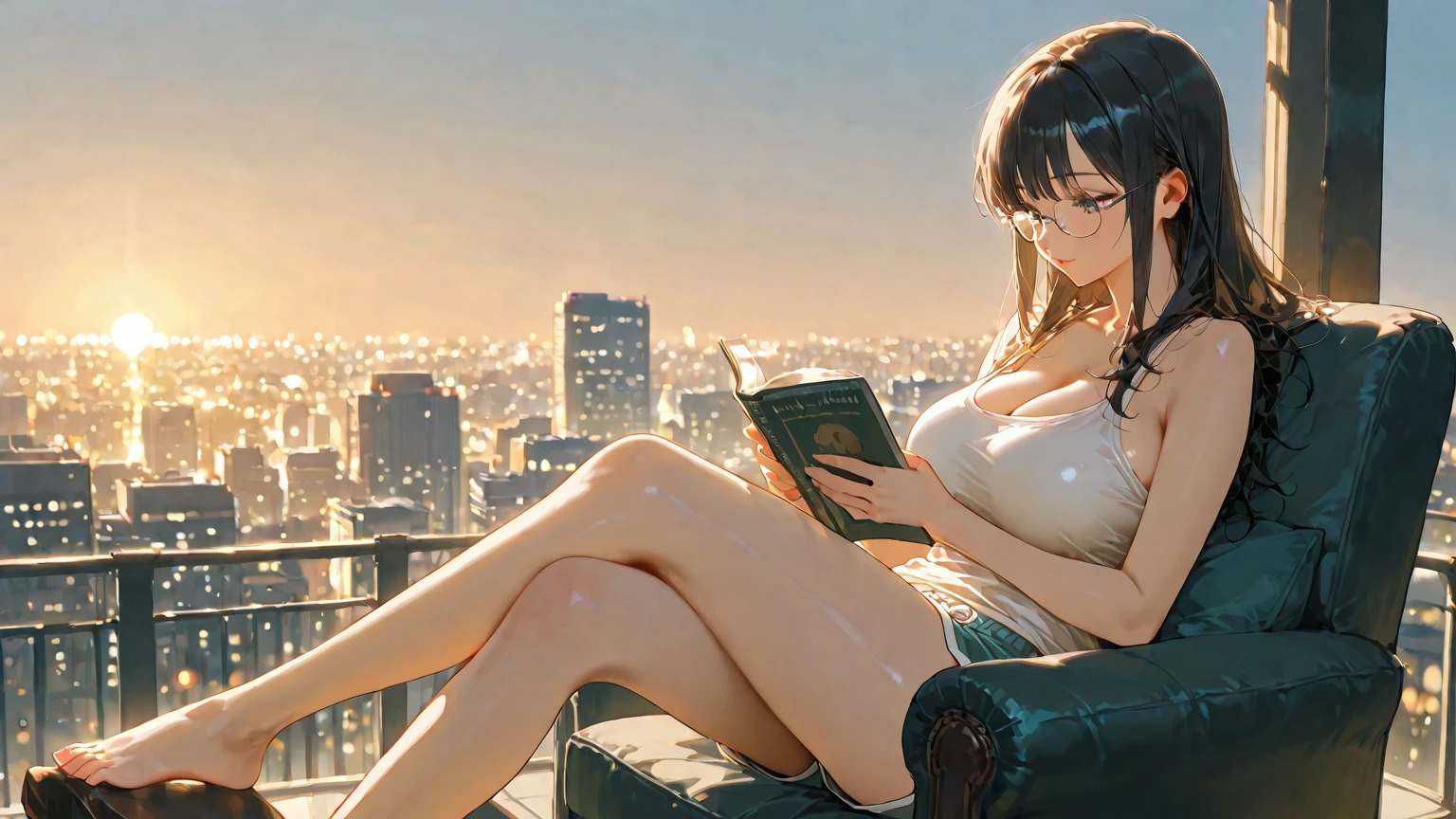 A beautiful female college student, screen in front of window, Overlooking the city projected on the screen, cafe, window behind white desk, city view, overlooking the cityscape, notebook, Holding a pen in one hand, glasses, black hair, midsummer loungewear, cool clothes, ((skin under one armpit)), ((flank skin)), intellectual atmosphere, dark lighting, knowledge, scholarship, study tools, enthusiasm, calm environment, taking notes, enthusiasm, immersion, inquisitiveness, research, concentration, sense of accomplishment, pursuit of knowledge, academic pursuit, academic inquisitiveness, cinematic lighting, Sony FE GM, masterpiece, top quality, 4K, academic atmosphere, (masterpiece), (best quality), ultra-high res, sharp focus, beautiful detailed hair