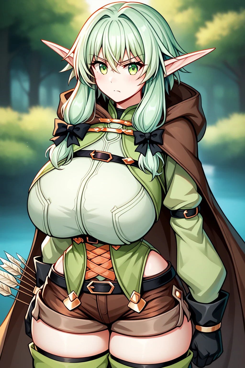 shirogane noel,1girl,solo,shirogane noel costumes,gigantic huge breasts,looking at viewer,near,worried-looking,Bending forward posture,Taken from the front,in the forest