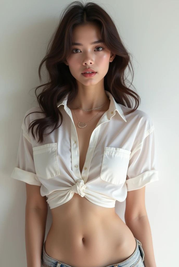 ((Highest quality, 8K, masterpiece :1.3)), Sharp focus :1.2, Beautiful woman with perfect figure :1.4, 1 Girl,Slim Abs :1.2, ((Dark brown hair,chest :1.2)), (White long formal shirt)(Unbutton your shirt.), Gray background:1.2, Highly detailed face and skin texture, fine grain, double eyelid,Beautiful Hands，Five Fingers,Fashion model posing,Full body portrait,Cowboy Shot,jeans,Cast a Shadow,