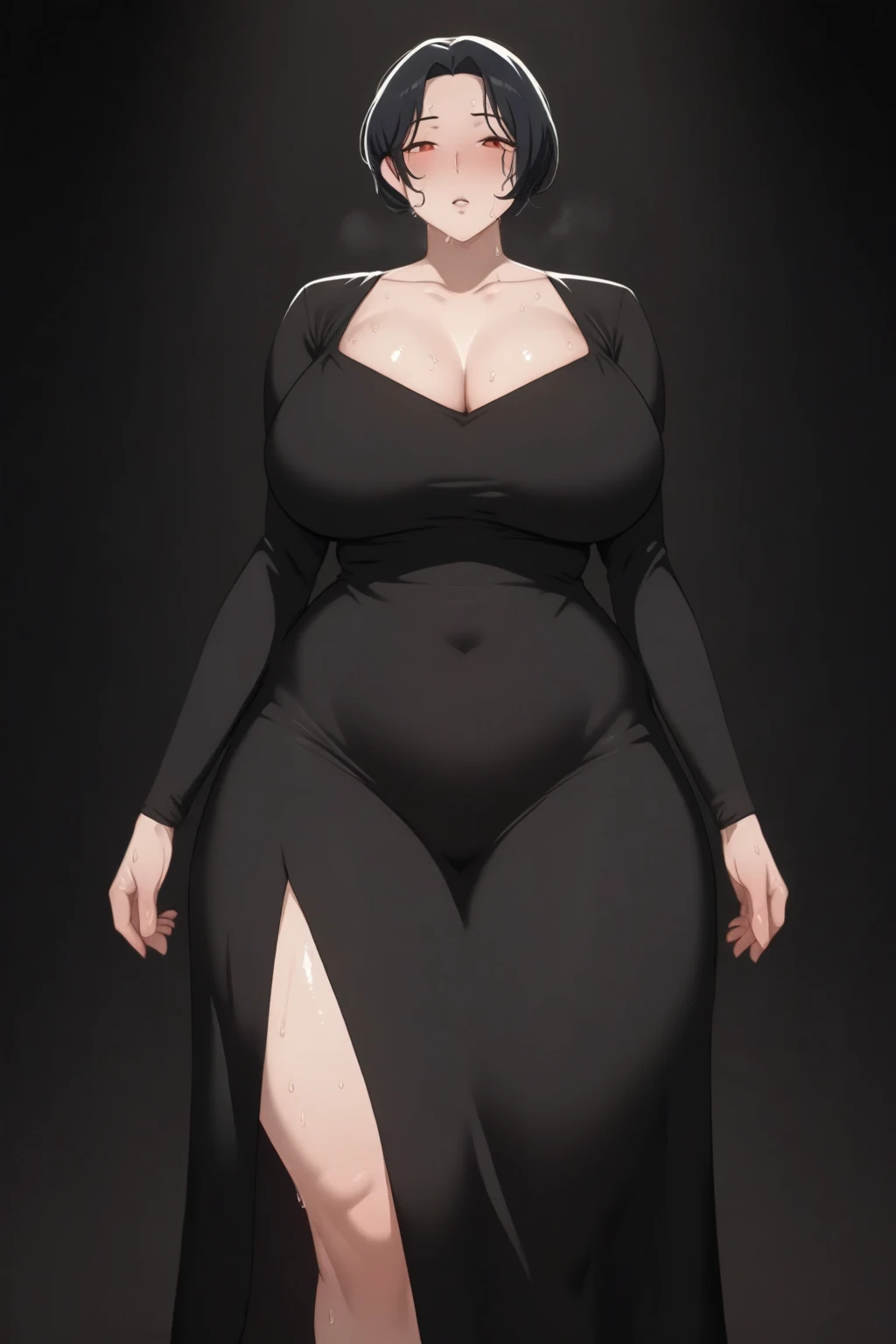 (masterpiece), best quality, expressive eyes, perfect face, vampire girl, huge girl, female muscular:1.2, big breast:1, (underboob), (curvy:1.5) , (straight hair:1.8), ((blank background)), ((full body)), wide hips:1.4, thick thighs:1.7, (long legs:1.4), amazon body, toeless boots, ((pale skin)) , red eyes, black hair, (long fangs) , long gray dress, long sleeves, loose sleeves, covered nipples