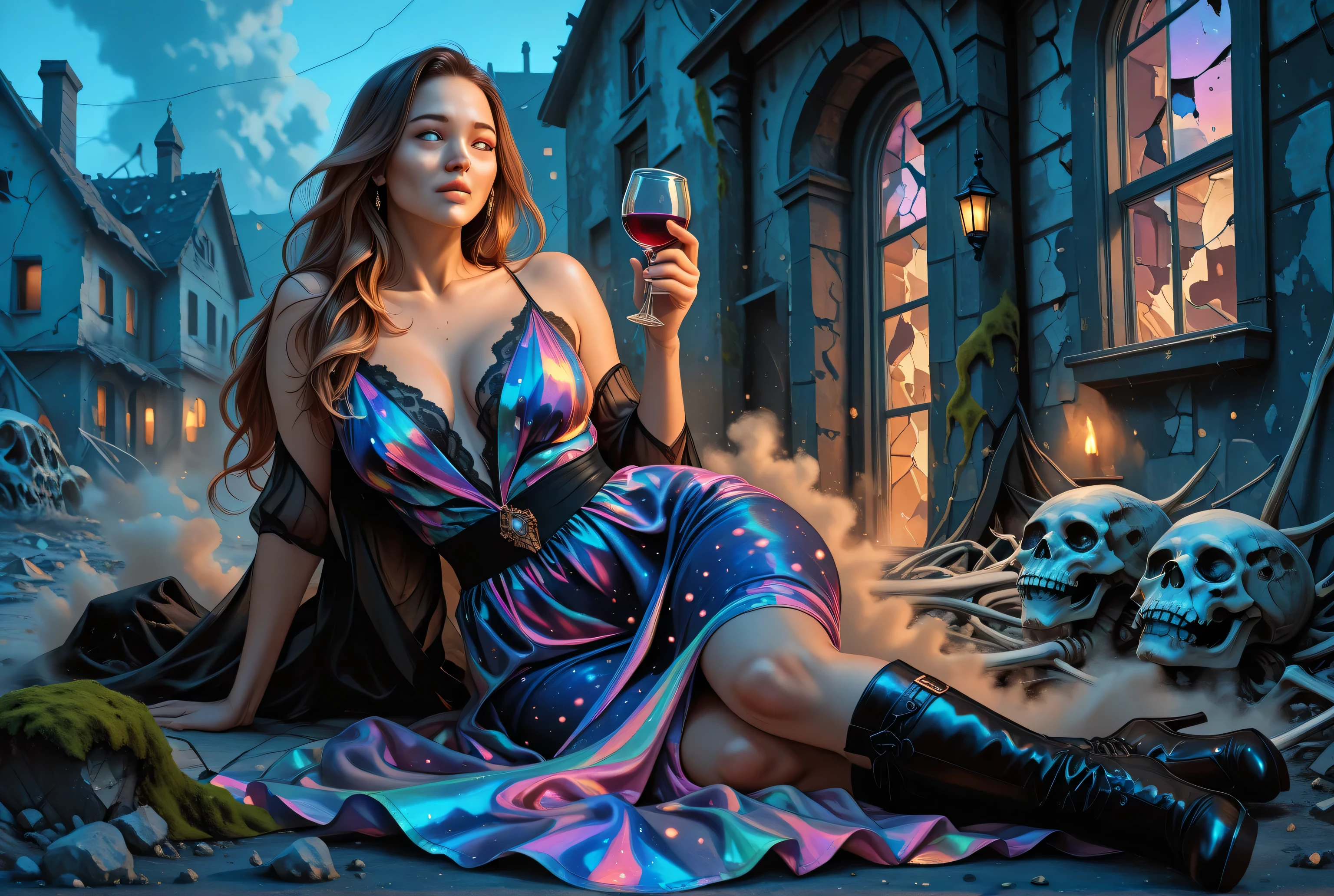 mature female, milf, motherly,hyp3rd3tail style,w1n,zavy-ctcmcs,a picture of a  mature woman in a post apocaliptic street, ruined houses, dead skeleton lying in the street, moss covered houses, holding a glass of wine  at night, elegant, glam, fantasy silk and lace dress, high heels boots , an ultra wide shot, full body (intense details, Masterpiece, best quality)epic beautiful mature woman, smeared make up, long hair, flowing hair,  holding a glass of wine, ruined street after doom,  street at dawn, broken windows, dust, half destroyed houses, cobwebs, stray cats,  colorful elegant dress, sense of doom, sense of decadence,  high details, best quality, 16k, [ultra detailed], masterpiece, best quality, (extremely detailed), dynamic angle, ultra wide shot, photorealistic, RAW, fantasy art, dnd art,fantasy art, realistic art, Celestial Fantasy, zavy-ctcmcs, w1n, hyp3rd3tail style