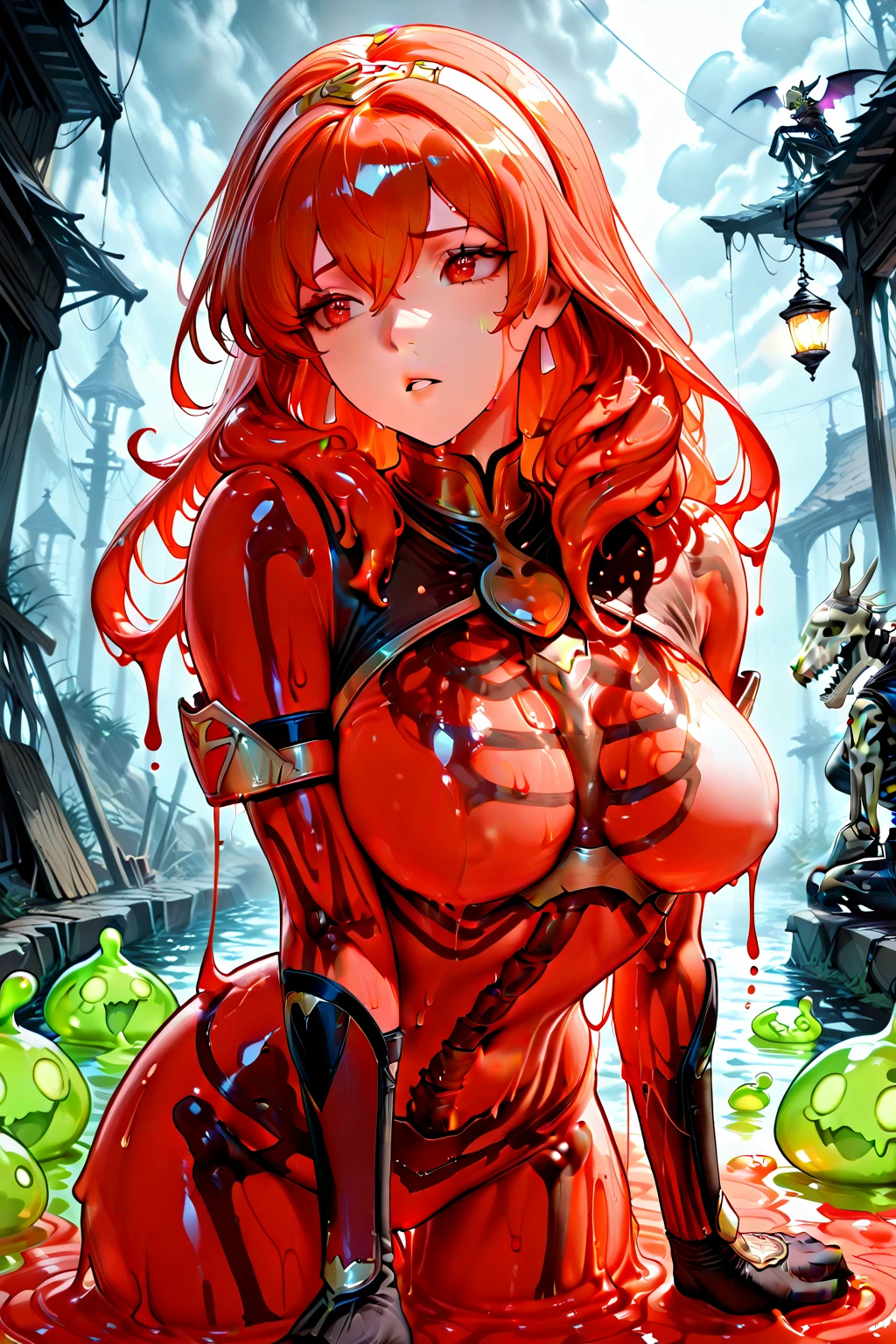 top-quality、Full limbs、complete fingers、one beautiful women、Beautiful busty woman、Women with straight hair、((Woman with red hair:1.3))、((deva battle suit:1.3))、Lying Woman、woman raises her hands up、(((A woman surrounded by countless thick red tentacles:1.5)))、(((woman restrained by tentacles)))、(((Tentacles wrap around a woman's limbs)))、 (((Tentacles wrap around the woman's upper body)))、(((A tentacle is inserted into a woman's pussy by shifting the crotch of her leotard.:1.5)))、((woman crying with pleasure:1.5))、((A woman gasps with her mouth open due to the pleasure of climax:1.5))、Suffering face、blushing、(((Countless tentacles are ejaculating towards the woman's body)))、(((The woman's body is covered in semen:1.3)))、(((The tentacle ejaculates inside the woman's pussy and releases the semen into the uterus.:1.5)))