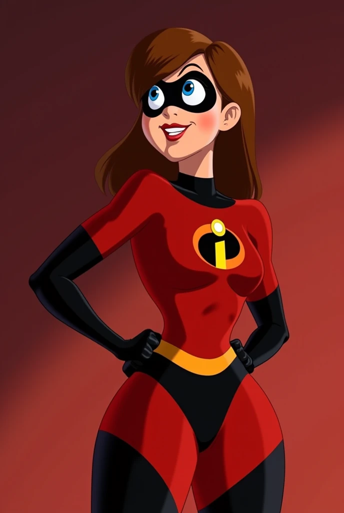 Queen's Stallion, latex skin, shiny skin, latex hair, shiny hair, futanari, horsecock futanari, eyes rolling back, inflatable hair, plastic hair, seam lines, dollification, helenparrSDXL,1girl,short hair,brown hair,thighhighs,gloves,brown eyes,red bodysuit,superhero,domino mask,black gloves,cowboy shot, 1girl