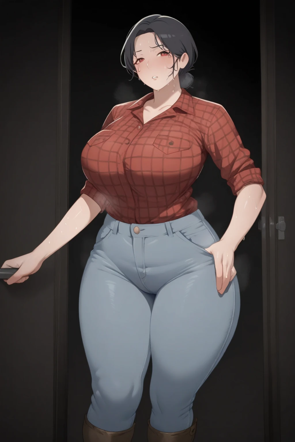 HelenParr, beautiful face, (large breasts:1.2), portrait, (art by Jeremy Lipking, Dean cornwell, Charlie Bowater), smiling, button up shirt, collar, chino pants, looking at viewer, midriff, kitchen, big belly, wide hips, fat belly, fat, plump