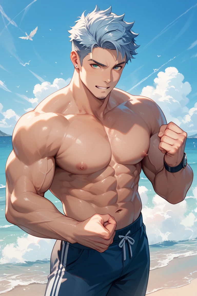 Handsome man, no shirt, sexy,sixpack,wearing underwear with a bulging crotch 