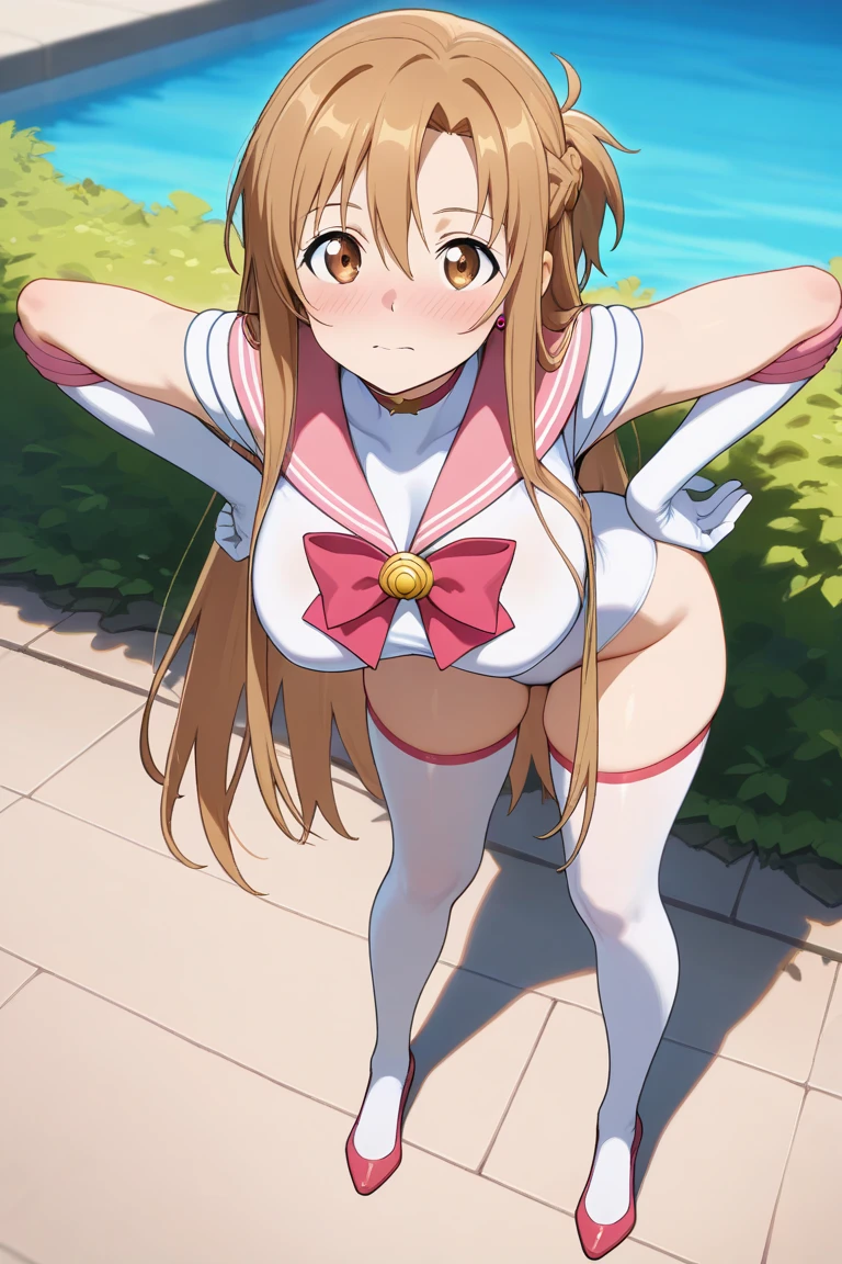 Pov, (FROM below), shine, Thighs, collarbone, (Masterpiece), wallpaper, 1girl, alone, bunny suit Dark blue playboy, bunny ears, Miku Nakano, NSFW, wide angle, 1girl, alone, sweaty, blushing, makeup, pink lipstick, smiling, provocative, blue eyes, long hair, brown hair, good hand ???????, standing , bed, , cleavage, large breasts, medium waist, wide thighs, medium hips, room, window, Night, night light entry