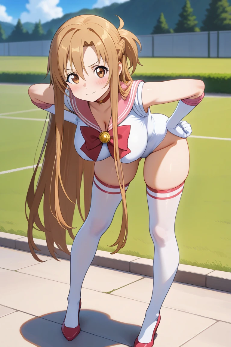 Asuna、浅笑、A sexy、white swimwear、s Armor、floated hair、sword holding、outstretched arm、top-quality、liquid that gives a sexual impression、Sweat sweat、Dripping sweat、anguished expression、Squad Position、masutepiece