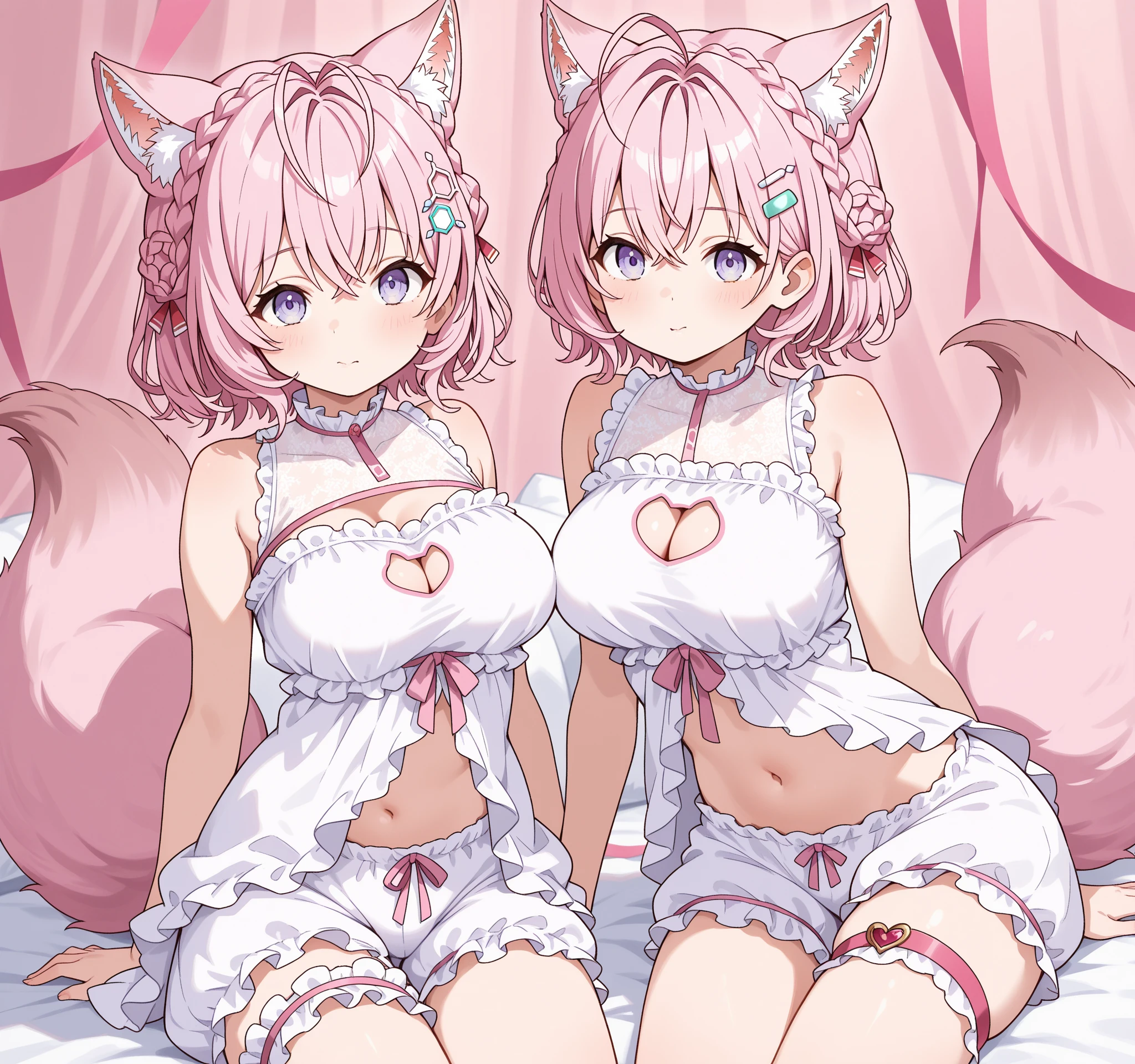 The best masterpiece、high resolution、Wolf Girl, Large Breasts, Voluminous, messy, light red hair, masterpiece , Red eyes, hd, Head to Chest, Put in your chest、 tooth、Double teeth,, On the bed、Thick thighs、Grinning、Knitted sports bra、、Big Tits、Open your mouth、Jacket、
