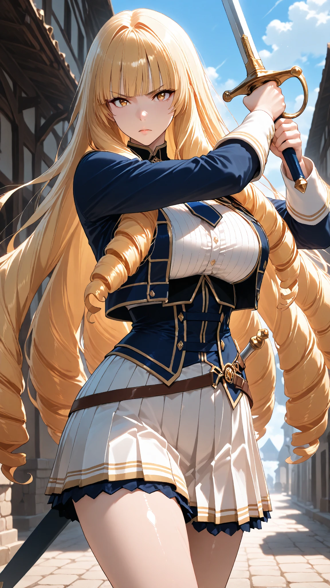 A determined and ambitious warrior with long blonde hair and blue eyes, wearing Victorian era armor, who fights to become the strongest.