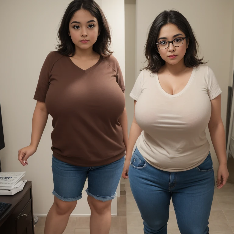 Chubby fat bbw nerdy latina young woman (20 years old), chubby belly, long straight black hair, Golden necklace, in clothing fitting room, wearing black bikini, with husband, smiley expressions, full.body, view from the front