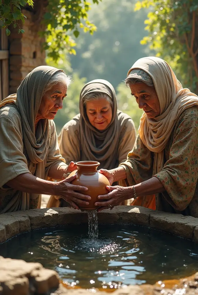 (Meilleure qualité, haute résolution : femmes arabes dans la rivière remplissant les abreuvoirs d'eau, riant et discutant entre elles, éclairage sombre et maussade (mise au point lointaine : 1,6), plan d'ensemble,