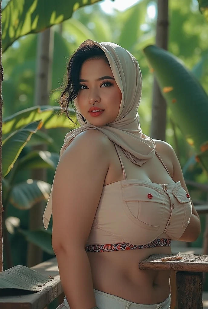 Malaysian woman (age 40, hijab no hair showing, cute face, strapless dress barely covering breasts, enormous breasts, a little fat, giga breasts), embarrassed, the wind in blowing her dress up