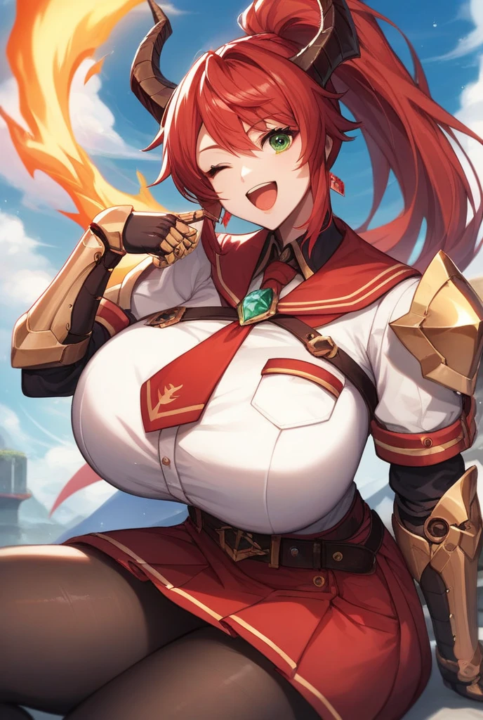 Gold Armor, 4K image, rallies, best quality, masterpiece, movie lighting ,Sexy,Large Breasts,Cleavage,action,In battle,cleavage,noble,Light beams from hands,Golden lightning all around,red hair,ponytail hairstyle,lipstick,Smile,calm,The sky is shattered