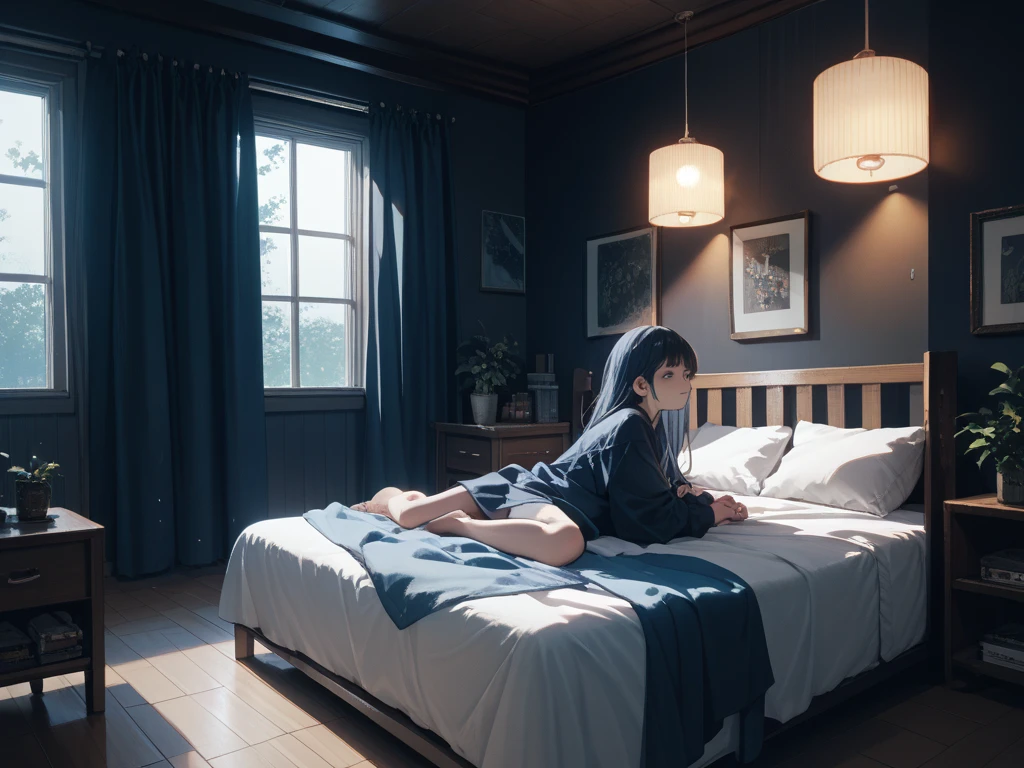 Highest quality(8k)masterpiece、Similar to Anochan(2.0)、Time: Night(1.8)He is lying on the bed by the window and talking on his cell phone.(1.8)Clothing is high school uniform(1.8)The night view can be seen from the window(1.8)、A room in a high-rise apartment with very large windows(1.8)It's dim in the room.(1.8)、One girl、Very cute、Best Style、Hairstyle(long(1.8))The room is a high school girl's room(1.8)、There are no curtains、17age、Firm and refreshing々Fresh skin。Plump legs、eye(Super detailed 1.8)Wearing makeup(2.0)、Dependent、