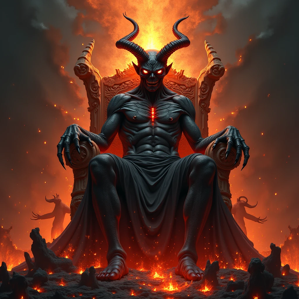 Create an image of a male demon , empowered , in hell on his throne