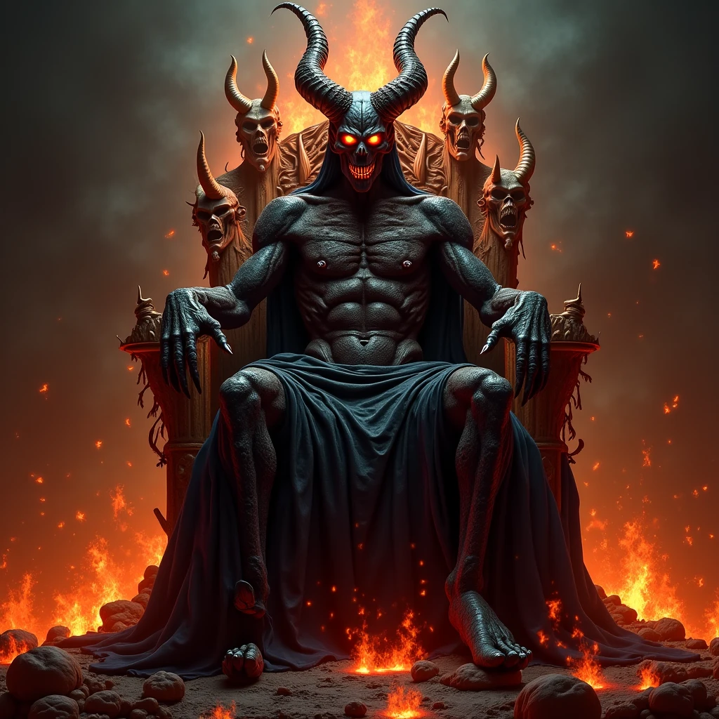 (best quality,4k,high resolution,masterpiece:1.2),Super detailed,actual:1.37,Moderate:(illustration,painting,3d rendering,photography), (Hell Palace,Lava waterfall in the background), The demon king sits on his throne, fiery red aura, threatening expression, A dark and majestic figure, The big protruding horn on the forehead, Elaborate golden throne, There are intricate carvings on the walls, Lava gives off an eerie glow, billowing smoke, flickering flame, Menacing shadows, Intimidating atmosphere, Magnificent and majestic building, Ornate decoration, ominous premonition, Dark color palette with fiery red accents, dramatic lighting, Extremely hot, swirling lava, Lava flow flowing down waterfall, Smoke surrounds.