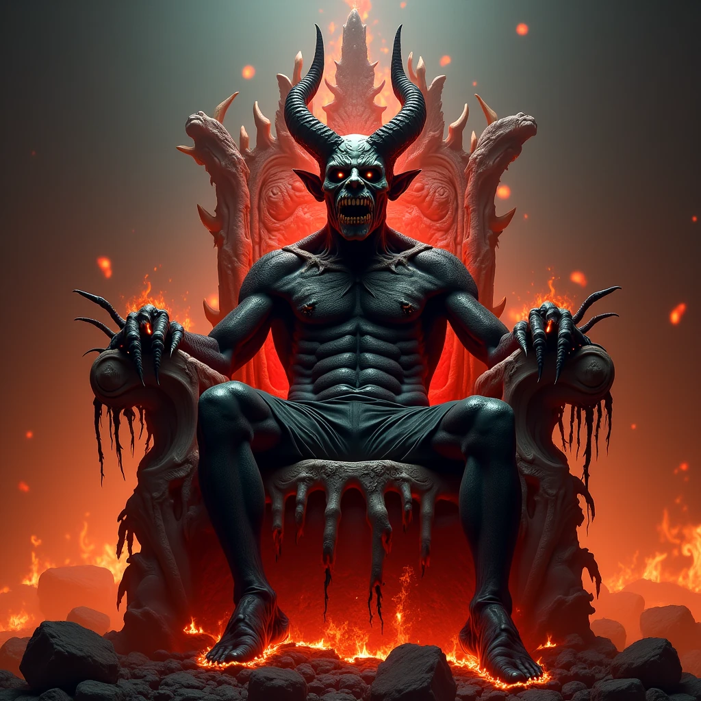 A male demon with small horns , horns meditating , on his body he has tattooed esoteric symbols,0 in a hellish scenario 