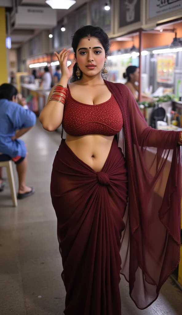 curvy Indian woman standing in the mall with huge breasts. She is wearing hot short sleeve plain spandex saree. She is wearing transparent square neck saree blouse. big eyes, perfect wine eyes, fantastic face, beautiful look, with Plump female body, she has a busty body, She is showing deepest v cleavage. Her hair is styled in loose waves.