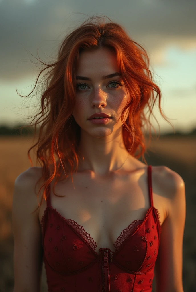 (8k, RAW photo, highest quality) depth of field, bokeh, 8K, HDR, cinematic rendering, a portrait of a 36-year-old redhead, framing from the navel, some small freckles, dressed in a ragged nightie, straps dropped, peeled off, leaning against a tree in the wilderness, goosebumps, cinematic, faded colors, dark shot,  muted colors, grainy film, read, crazy details, intricate details, hyperdetailed, sunset, shyness, seduction, romance, looks at the camera lens lovingly, no visible hand