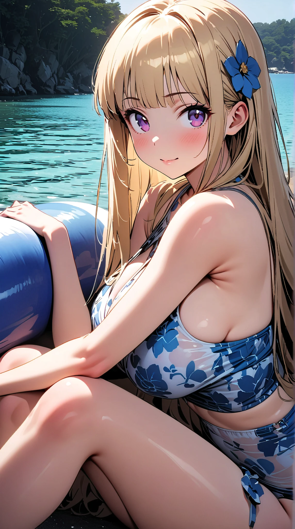 Rough watercolor sketch,Very beautiful eyes, Focus on the face line, Dripping watercolor, Ink outline, 32K resolution, Highest quality, Like a doll,Full body portrait,Swimwear,比基尼,blondes, Rolled hair,A composition that lets you see the feet,Anatomically correct,Natural and sexy pose,High heels,Water up to the knees,Swim ring,Ocean,Ocean,Ocean!An island in the distance,Seagull,Very detailed, High detail, High-resolution model, smile,カバー面積が多い比基尼,Earrings,necklace,bracelet,anklet,Earrings,ring,blondes,Eyes closed