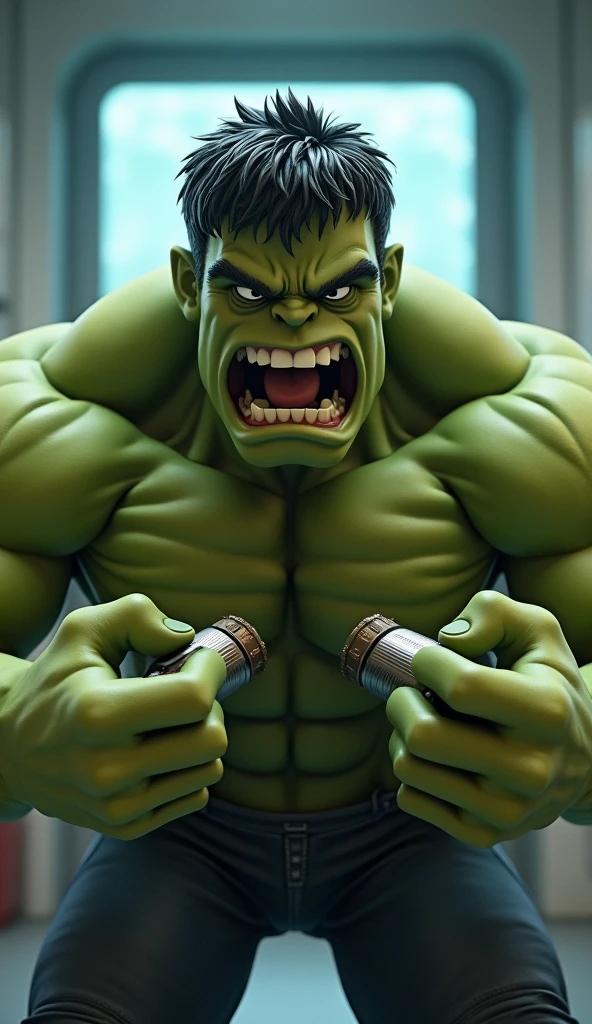 hulk (( super strong )), masterpiece, Ultra Clear quality, ultra-detailed, Ultra detailed roaring face with teeths, ground, destroyed city background, shadows, contrast, clear sky, analog style (look at viewer:1.2) (skin texture) (film grain:1.3), ultra-high resolution, octane render, 16k