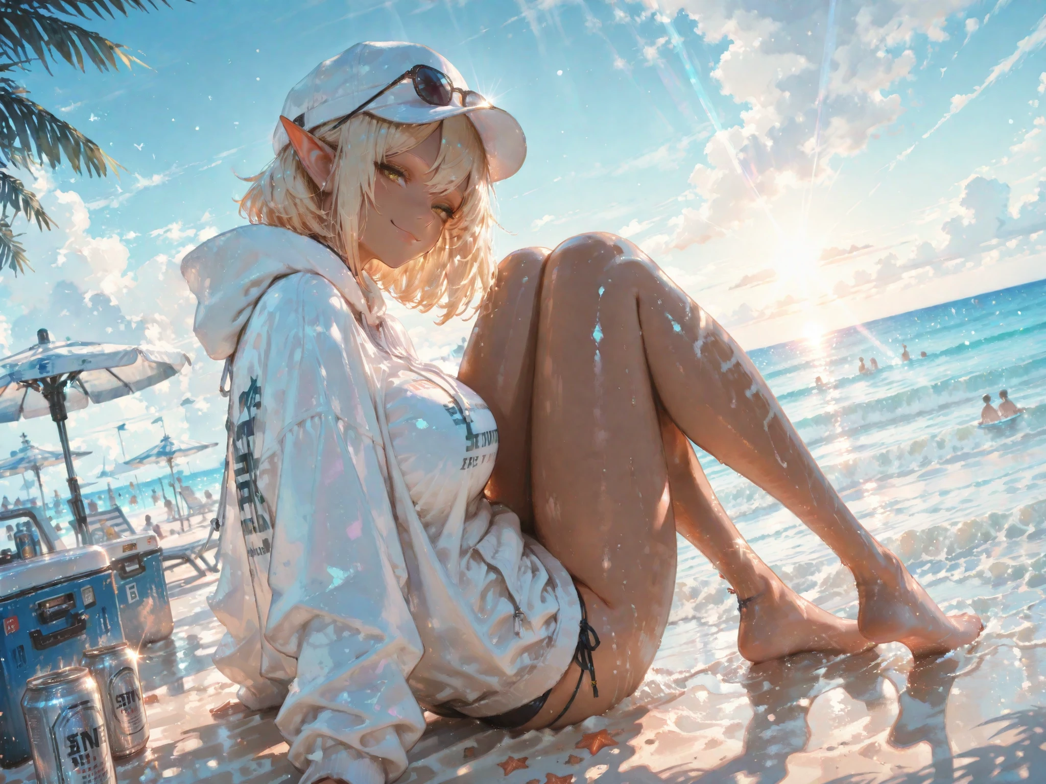 Elf、Brown skin、tall、adult woman、slim figure、big breasts、Blonde、Golden eyes、glossy skin、sunglasses、white hat、swimsuit、bikini、white hoodie、vinyl sheet、beach chair、Beer Can、cooler、Daytime、sea、Sandy Beach、Seaside resort 、Swimming people 、People playing on the sandy beach、horizon、Blue Sky、Irido Cloud、beach umbrellas、Many people playing in the sea in the background.、full body 、from behind、stand with your legs open、masterpiece, Highest Quality, amazing quality, Newest, very detailed, high resolution, clean lines, smooth lines, sharp, Anime-style digital painting, Detailed drawing , depth of field, drop shadow, watercolor, lens flare, iridescent light, dynamic lighting, strong light, high saturation, backlighting, dappled sunlight, Particles of Light, Light rays, sun rays filtering through trees, ambient light , dutch angle, a dramatic scene using three-point perspective, , portrait, smile, look at viewer,