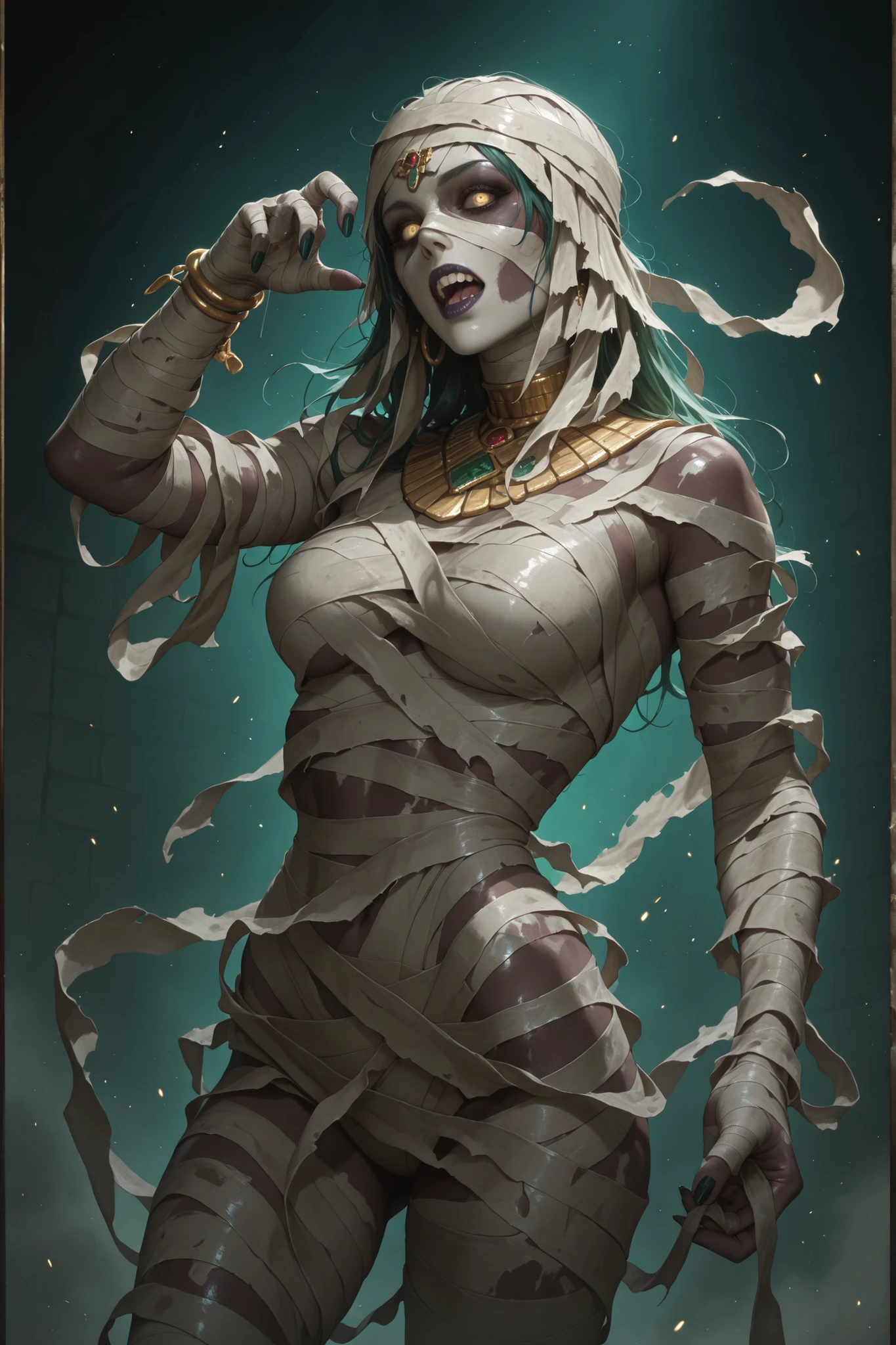 A hyperrealistic digital illustration of a female pharaoh's mummy, with pale, rotten skin and yellow eyes. Her body is wrapped in bandages that unravel in certain places. She looks terrifying yet sexy, adorned with gold and diamond jewelry.

Her poses are dynamic, contorted, and the angles are dynamic. The style is somewhat dark fantasy. The background is a dark emerald color.