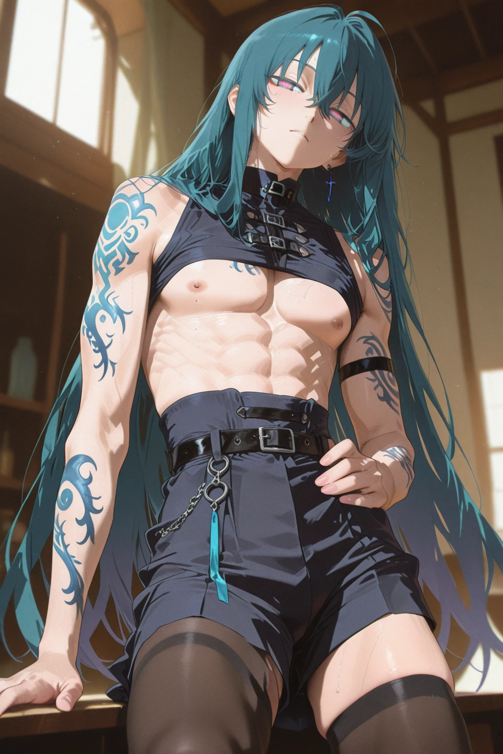 (hyper-realistic digital illustration), hires, best quality, boy wearing micro thong, full mast, erect bulge, see-through thong , underwater world, wide angle, swimming, athletic body, male, iridescent skin, flat chest, silver eyes, green hair styled in spikes, determined expression, bioluminescent lighting, small waist, broad chest, big mane, slim scruffy, muscular