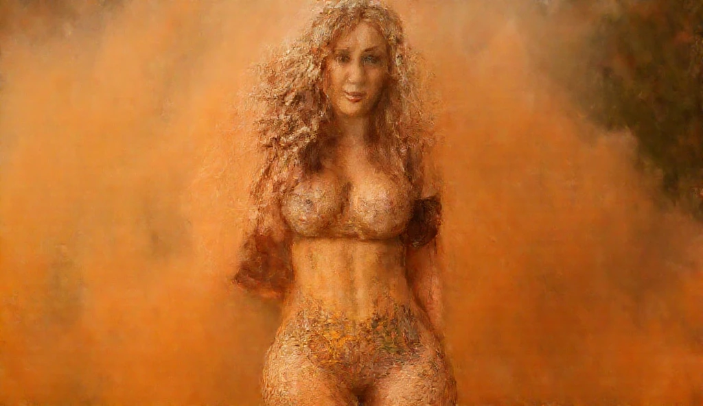 Cinematographic still, natural lighting, bright lighting, fine-art photograph that captures naked 20-year-old ginger-haired girl(slave girl) with curly hair(curls orange-girl), (freckles), bright blue eyes, soft makeup, and bold pink puffy lips. She has very pale skin(porcelain skin), large breasts, huge ass and slightly plump yet toned thighs. ((Naked, a gold wide-chain, bracelets)), platform-heels. Squatting, trapped into a wooden crates(She is surrounded by a lush plants), silent screams as she searches(for clues amidst the twisted vines and creeping shadows). Sad atmosphere, oppressive atmosphere, (backlighting), (depressive colors), faded film, desaturated colors, 35mm photo, grainy, vignette, vintage, Kodachrome, Lomography, stained, highly detailed, found footage, Horror movie effect. Strong shadows, vignette, high budget, bokeh, epic, Inspiration from poems of H.P. Lovecraft.