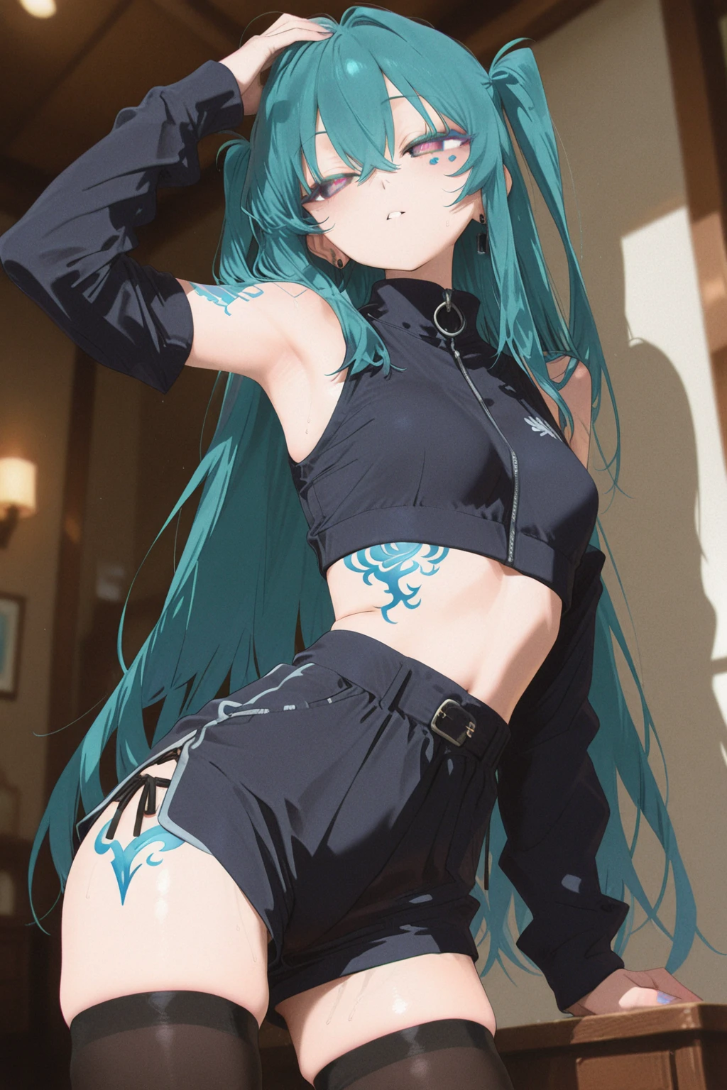 young boy, long blue hair, Fox ears, Green eyes, black skintight clothes, Shorts, open belly, Masterpiece, hiquality