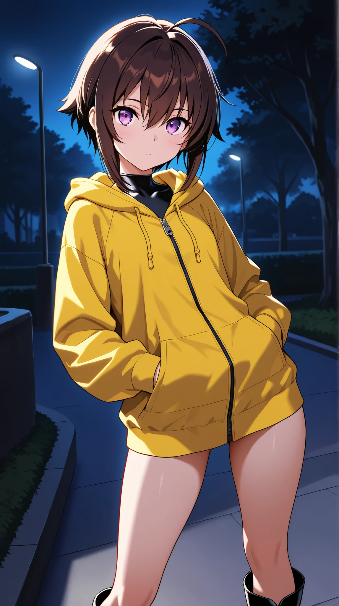 No panties, no pants, Selling from below, Yellow hood, Naked navel, yellow rain hood, (((hair over eyes))), Litte, girl,  ???, ((One eye)), simple hood, ((yellow hood)), bottomless, Bare legs, nothing underneath, Naked with a hood, just a hood, Bare hood, (Hair in eyes), Black hair, Slim, ((Short hair)), Seeing from below, gojo eye, Rain, Sidewalk, 5 fingers,