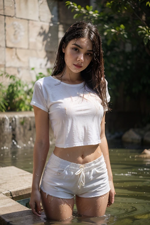 a beautiful teenage girl in a plain white shirt, rush to the waterfall, the effects of water splashes and big waves, gambar full hd, realistic 8k