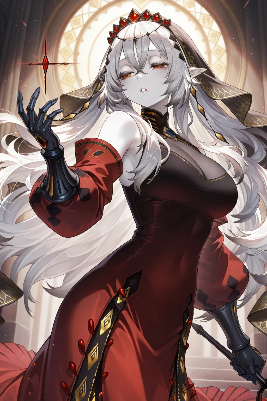 (masterpiece, best quality:1.5),1girl, horns, long hair, colored skin, solo, red skin, breasts, single horn, barefoot, jewelry, anklet, green eyes, smile, full body, fang, white background, hand on hip, simple background, cleavage cutout, looking at viewer, very long hair, cleavage, clothing cutout, white hair, pointy ears, large breasts, standing, detached sleeves, demon girl, pelvic curtain, clenched hand, bare shoulders, fang out