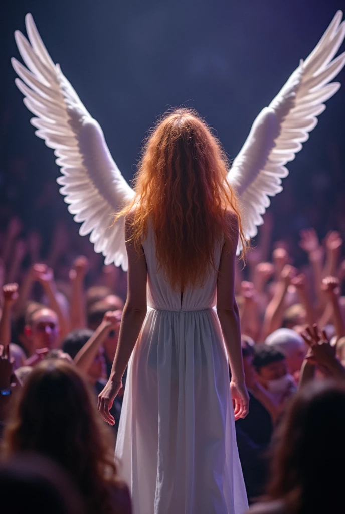 A scene of a person stumbling on a busy sidewalk, with an expression of surprise and determination. Ao fundo, the same person transforms and begins to float gently, with translucent, glowing wings emerging from its back. The sky is lit by the sunset, in warm shades of orange and pink, symbolizing the possibility of overcoming challenges. The surrounding crowd watches in awe and inspiration, highlighting the message of resilience and the ability to soar above adversity.