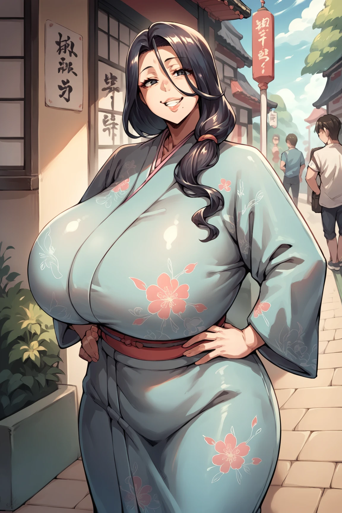 solo, 1 girl, (yukata), very long hair, black hair, angry, yellow eyes, (((muscular))), ((huge tits)), (thick thighs)), ((wide hips)), pale skin