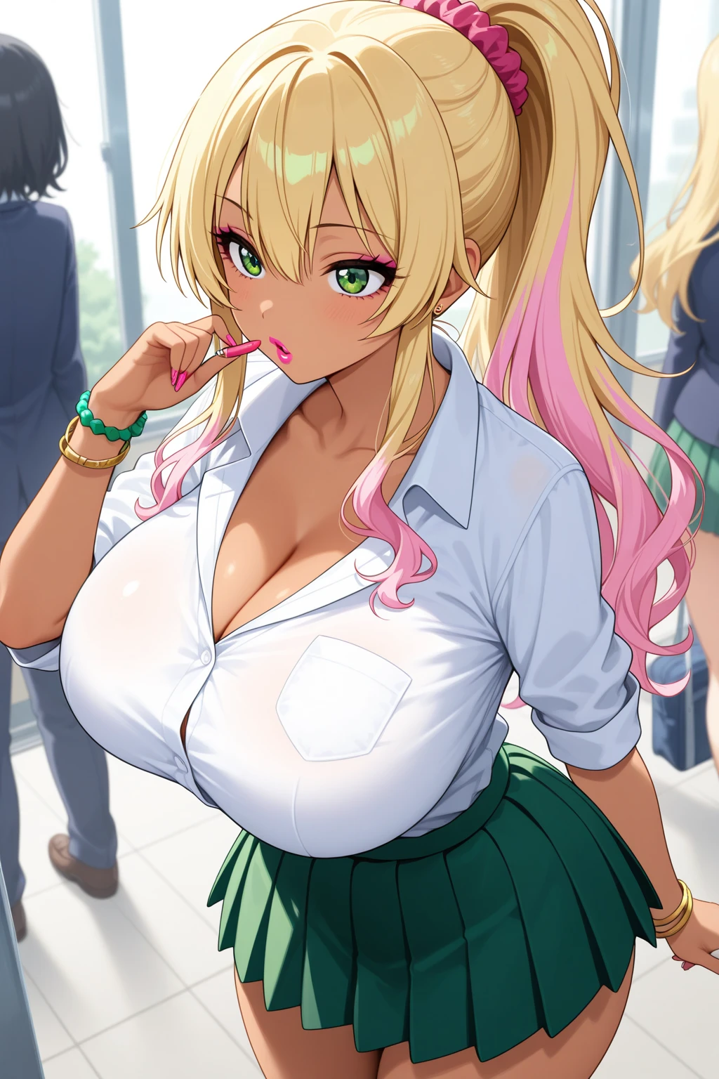 (masterpiece:1.5), (big breasts), 1 girl, young woman, (Beautiful Girl:1.5), (extremely detailed and delicate anime face and eyes:1.5), whole body, (natural light, HDR, extremely details CG:1.3), (dynamic posture:1.3), {correct body anatomy}, (wide hips:1.4), (perfect hands:1.3), single focus, toned body, Beautiful Lips, thick lips, {surreal}, {correct posture}, {minutes details}, {detailed body}, {detailed clothing}, {Bright Eyes}, (cleavage: 1.3), {accessories}, {sexy}, {solo}, (school uniform: 1.5), high school student outfit, (school jacket: 1.5), long sleeves jacket, short skirt, (pleated short skirt: 1.3), (thigh-high pantyhose: 1.3), black pantyhose, blouse, ribbon tie, lace collar with tie, high heel boots, earrings, necklace, hairband, hairclip, (light smile: 1.3), long hair, (two-tone hair: 1.5), (blonde hair with pink and green streaks: 1.5), (blue eyes: 1.3),