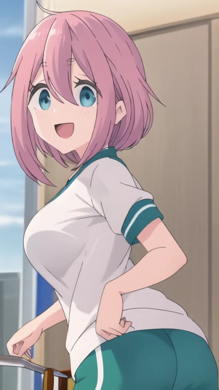 One girl、Standing on a wooden stage、Taking off a white shirt、Light blue bra、Wearing a dark blue skirt、Dark pink hair、Feeling embarrassed、blue eyes、looking at the camera、Bob Hair