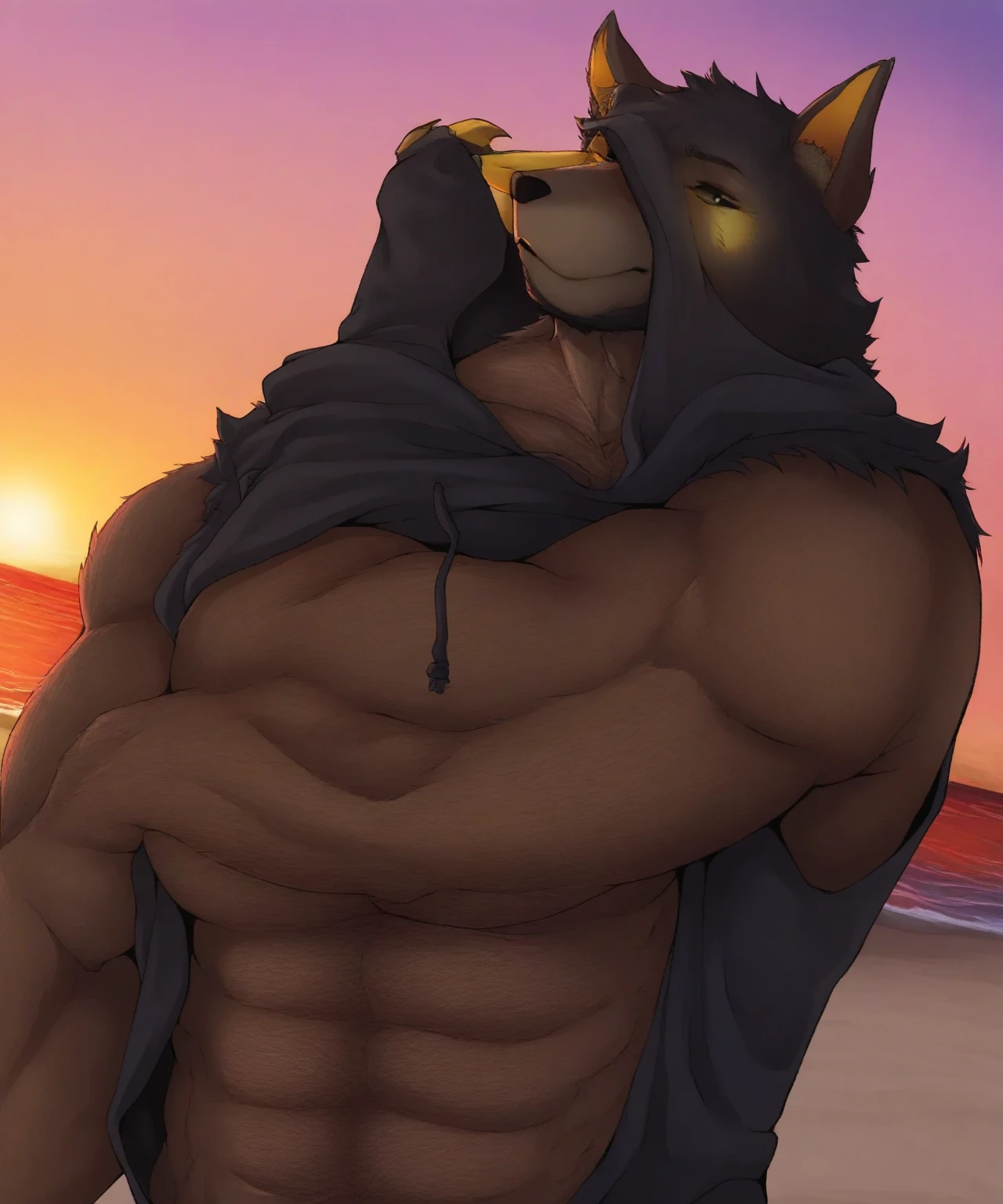 <lora:tanngrisnir-06:0.9>, tanngrisnir, black fur, (soft shading), 4k, hi res, (detailed face, detailed eyes, detailed), ((full body)), by zackarry911, by zaush, (by personalami:0.5), solo, blush, 1boy, navel, jewelry, nipples, upper body, male focus, heart, earrings, glasses, stomach, clothes lift, shirt lift, abs, bare pectorals, pose, (posing)